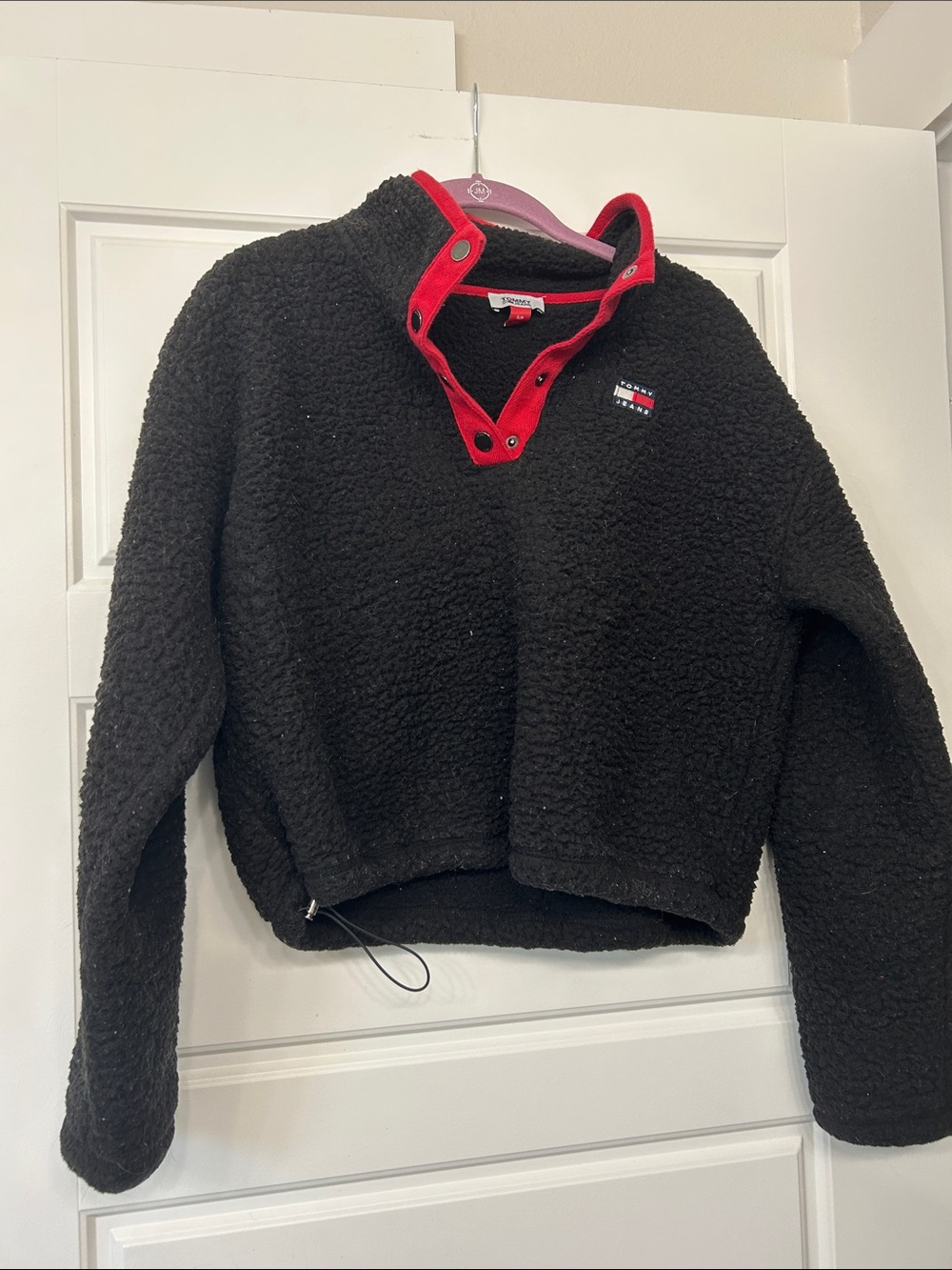 Tommy Hilfiger Black Sherpa Jacket with Red Snap Trim